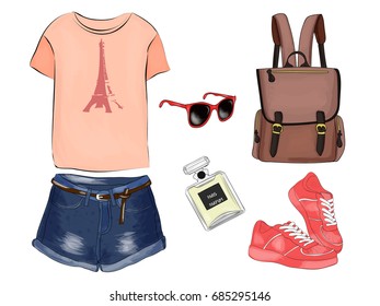 Vector of hand drawn fashion illustration,  isolated on white background.  A set of summer outfit collection with accessories. Casual outfit.
