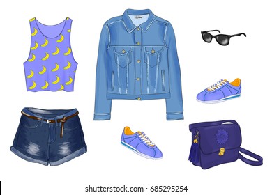 Vector of hand drawn fashion illustration,  isolated on white background.  A set of summer outfit collection with accessories. Casual outfit.

