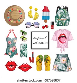 Vector of hand drawn fashion illustration. A set of summer outfit collection with accessories.