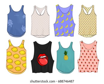 Vector of hand drawn fashion illustration, isolated on white background. A set of summer t-shirts of different colors. Casual outfit.