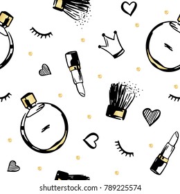 Vector hand drawn fashion illustration with cosmetics, perfume, lipstick and hearts etc. Beauty vector illustration  on white with gold elements, little confetti. Seamless pattern.