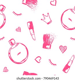 Vector hand drawn fashion illustration with cosmetics, perfume, lipstick etc. Beauty vector pink illustration on white