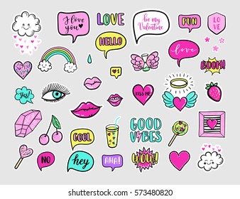 Vector hand drawn fashion patches for Happy Valentines Day. rainbow, cloud, doughnut, cake, camera, lip, heart, speech bubble. Modern set of pop art stickers, patches, pins in 80s-90s cartoon style