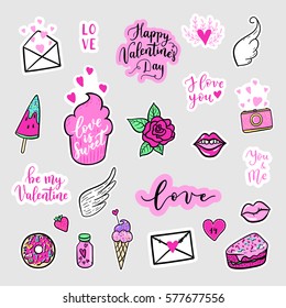 Vector hand drawn fashion patches for Happy Valentines Day. doughnut, cake, camera, lip, heart, wings. Modern set of pop art stickers, patches, pins, badges in 80s-90s cartoon style