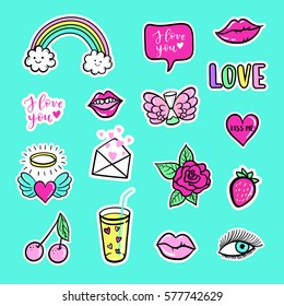 Vector hand drawn fashion patches for Happy Valentines Day. rainbow, lip, heart, speech bubble. Modern set of pop art stickers, patches, pins in 80s-90s cartoon style