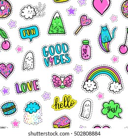 Vector hand drawn fashion pink color patches: rainbow, doughnut, mountain, cat, ghost, cloud, macaron, cake, lollipop, heart seamless pattern. Modern pop art sticker, patches pin, badge 80s-90s style