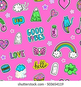 Vector hand drawn fashion pink color patches: rainbow, doughnut, mountain, cat, ghost, cloud, macaron, cake, lollipop, heart seamless pattern. Modern pop art sticker, patches pin, badge 80s-90s style