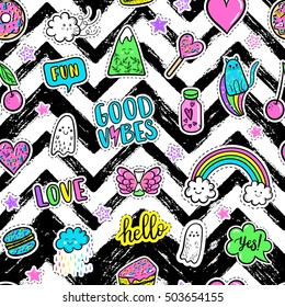 Vector hand drawn fashion pink color patches: rainbow, doughnut, mountain, cat, ghost, cloud, macaron, cake, lollipop, heart seamless pattern. Modern pop art sticker, patches pin, badge 80s-90s style