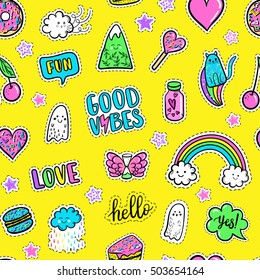 Vector hand drawn fashion pink color patches: rainbow, doughnut, mountain, cat, ghost, cloud, macaron, cake, lollipop, heart seamless pattern. Modern pop art sticker, patches pin, badge 80s-90s style