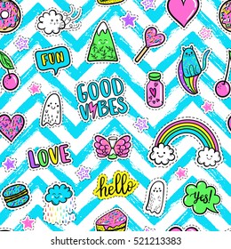 Vector hand drawn fashion pink color patches: rainbow, doughnut, mountain, cat, ghost, cloud, macaron, cake, lollipop, heart seamless pattern. Modern pop art sticker, patches pin, badge 80s-90s style.