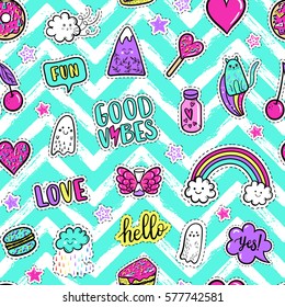 Vector hand drawn fashion pink color patches: rainbow, doughnut, mountain, cat, ghost, cloud, macaron, cake, lollipop, heart seamless pattern. Modern pop art sticker, patches pin, badge 80s-90s style