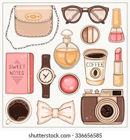 Vector hand drawn fashion set of woman's accessories and cosmetics. Hipster illustration with bag, make up tools, coffee, glasses, hand watch and photo camera