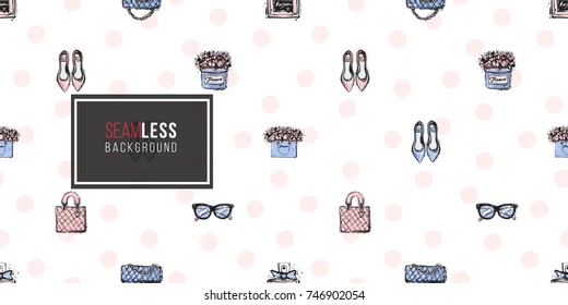 Vector hand drawn fashion sketch flat shoes, fashionable clutch, leather handbag, french perfume, flower box, vintage glasses, flowers bag.