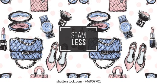 Vector Hand Drawn Fashion Sketch Flat Shoes, Fashionable Clutch, Blush Brush, Leather Handbag, Couple Lipstick, Makeup Powder, Wrist Watch, Vintage Glasses.