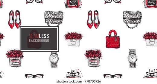 Vector hand drawn fashion sketch flat shoes, fashionable clutch, leather handbag, wrist watch, french perfume, flower box, vintage glasses, flowers bag.