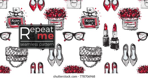 Vector hand drawn fashion sketch flat shoes, fashionable clutch, couple lipstick, french perfume, flower box, vintage glasses, flowers bag.