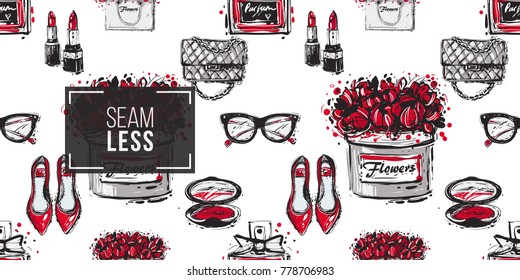 Vector hand drawn fashion sketch flat shoes, fashionable clutch, couple lipstick, blush, french perfume, flower box, vintage glasses, flowers bag.