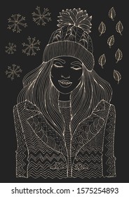 Vector hand drawn fashion smiling girl in a warm knitted hat and coat, autumn winter season. Ornamental Patterned winter autumn fashion concept. Christmas Design card, print on t-shirt. Yellow lines 