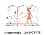 Vector hand drawn Fashion time concept sketch. Stylish woman in dress and hat walking alone and carrying bunch of new footwear tied with rope.