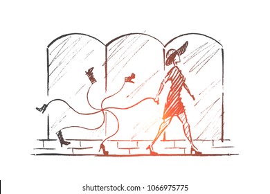 Vector hand drawn Fashion time concept sketch. Stylish woman in dress and hat walking alone and carrying bunch of new footwear tied with rope.