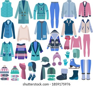 Vector hand drawn fashion Winter Clothes and Collection of Shoes, knitted Accessories.