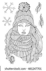 Vector hand drawn fashion young girl in a warm knitted hat and voluminous scarf, autumn winter season. Pattern for coloring book A4 size. Coloring book for adults. Zentangle drawing. 
