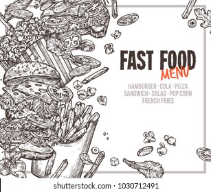 Vector hand drawn fast food background with square frame. Monochrome design with sketch of hamburger, pop corn, sandwich, french fries for restaurant menu