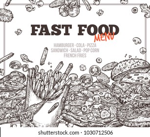 Vector hand drawn fast food background with square frame. Monochrome design with sketch of hamburger, pop corn, sandwich, french fries, italian pizza for cafe menu