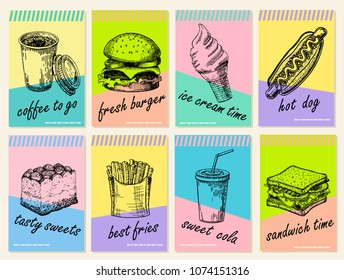 Vector hand drawn fast food posters. Vintage style. Sketch. Retro food background. 