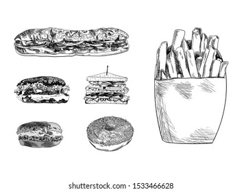 Vector Hand Drawn Fast Food Sketches Set Isolated on White Background, Vintage Black and White Drawings Collection, Burger, Sandwiches, Macaroon, Donut, French Fries.