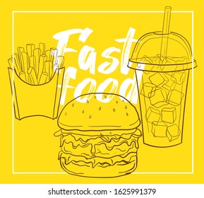 Vector hand drawn fast food posters. Vintage style. Retro food background.