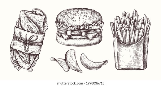 Vector hand drawn Fast food. Hamburger, chips, sandwich, fries. Lunch isolated on white background. Line graphics. Collection of snacks. Junk food.
Great for label, menu, poster, banner, voucher