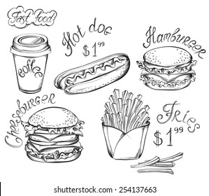 Vector hand drawn fast food set isolated on a white in vintage style.