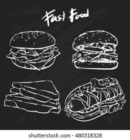 Vector hand drawn fast food set isolated on a black background. Fast food vector illustration.