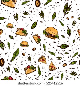 Vector hand drawn fast food seamless pattern. Colorful junk food illustration with pizza, burger and hot dog. Can be used for menu, poster or restaurant background.