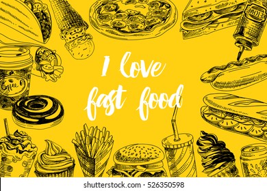 Vector hand drawn fast food Illustration. Vintage style. Retro food background. Sketch