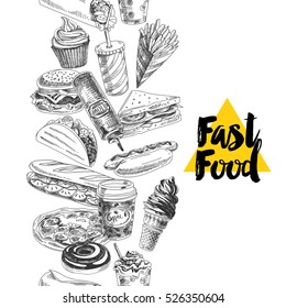 Vector hand drawn fast food Illustration. Seamless border. Vintage style sketch background.