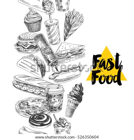 Vector hand drawn fast food Illustration. Seamless border. Vintage style sketch background.