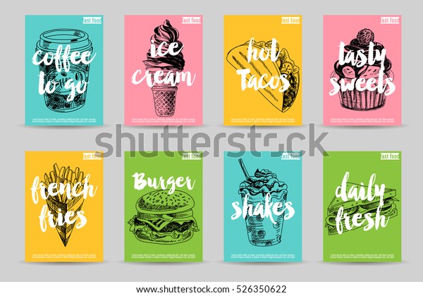 Vector hand drawn fast food posters. Vintage\
style. Retro food background.\
Sketch