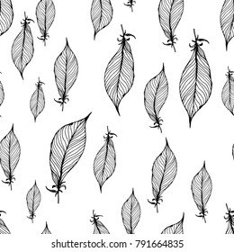 vector hand drawn feather pattern background, fabric, textile, designe 