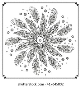 Vector hand drawn feathers black and white mandala pattern. 