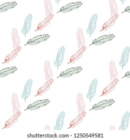 Vector hand drawn feathers seamless pattern. Boho and wild pattern for textile and wrapping.