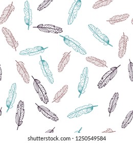 Vector hand drawn feathers seamless pattern. Boho and wild pattern for textile and wrapping.