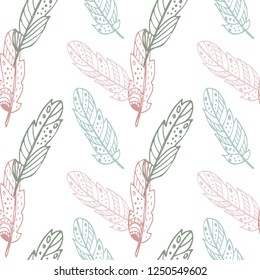 Vector hand drawn feathers seamless pattern. Boho and wild pattern for textile and wrapping.