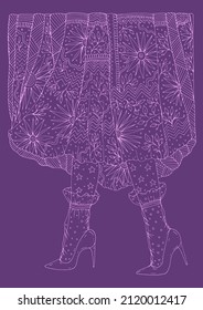 Vector hand drawn female feet in shoes with high heels and transparent socks and long patterned skirt. Floral and stars print. Fashion illustration. Pattern Design card, t-shirt. Pink lines on purple