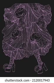Vector hand drawn female feet in shoes high heels and transparent socks and long patterned skirt. Floral peony stripes print. Fashion illustration. Pattern Design card, t-shirt. Pink lines on brown