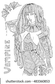Vector hand drawn female vampire in sexy costume holding a glass of dripping blood. Halloween autumn costume party. Pattern for coloring book A4 size. Coloring book for adults. Zentangle drawing. 