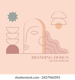 Vector hand drawn feminine design template in ancient aesthetic.Branding design template in trendy linear minimal style with geometric elements.Boho beauty and fashion concept.