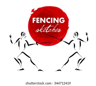 Vector hand drawn fencer sketch set isolated on white backdrop. Ink drawing. Sportsman silhouette illustration. Sport logo, magazine, journal article, print design, poster, placard, any advertising.