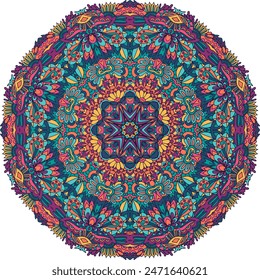 Vector hand drawn festive doodle mandala design. Ethnic bright mexican doodle medallion with colorful ornament.